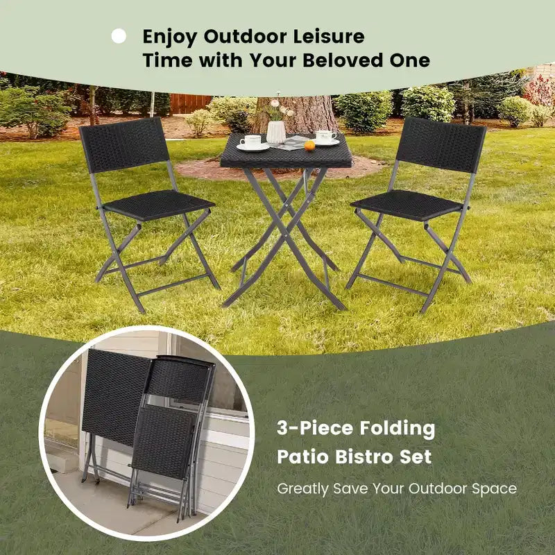 Costway 3PCSPatio Folding Rattan Bistro Set Chairs Backrest Table Garden Deck