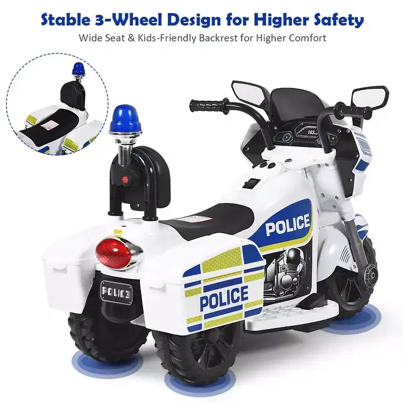 Costway 6V Kids Ride On Police Motorcycle Trike 3-Wheel w/ Headlight and Flashing Siren, White