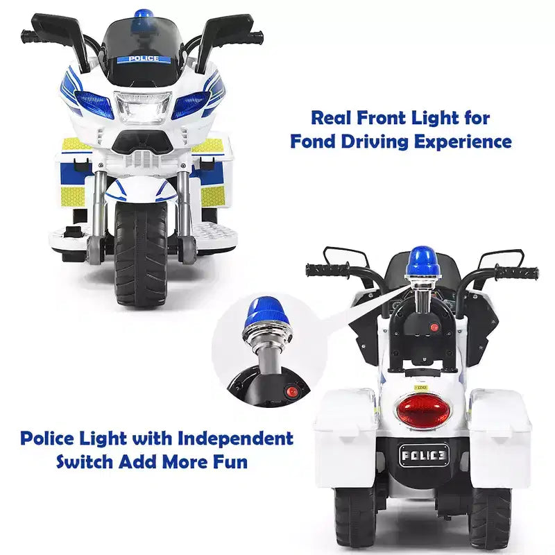 Costway 6V Kids Ride On Police Motorcycle Trike 3-Wheel w/ Headlight and Flashing Siren, White