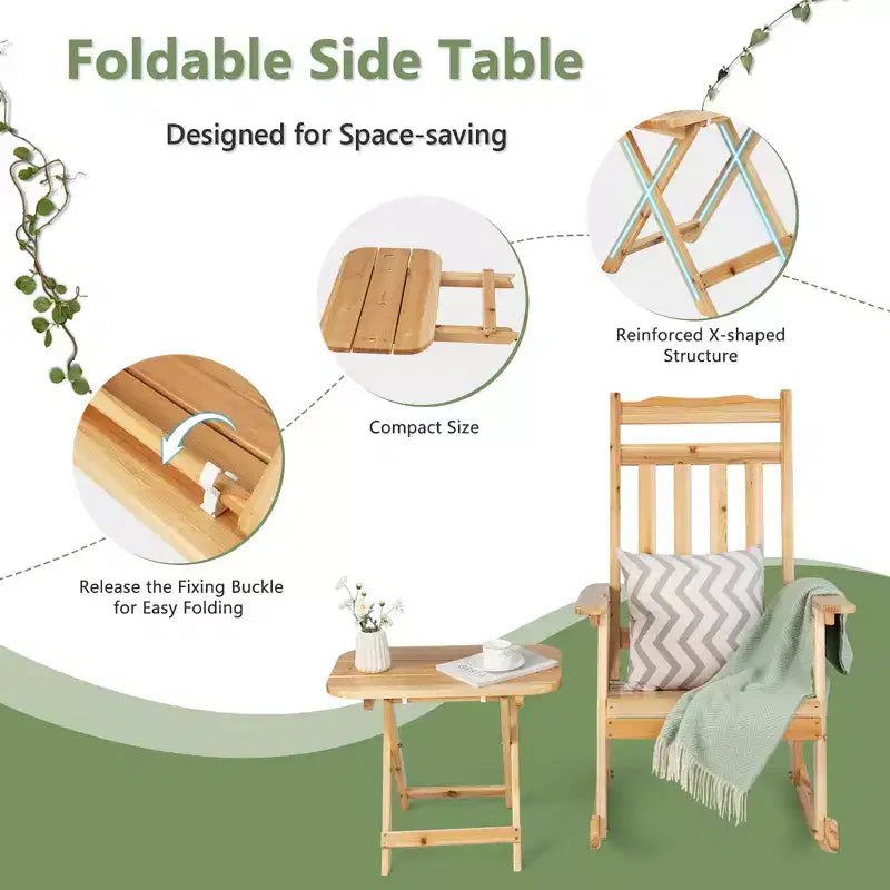 Costway 4PCS Patio Wooden Rocking Chair Bistro Set High Backrest with Folding Side Table