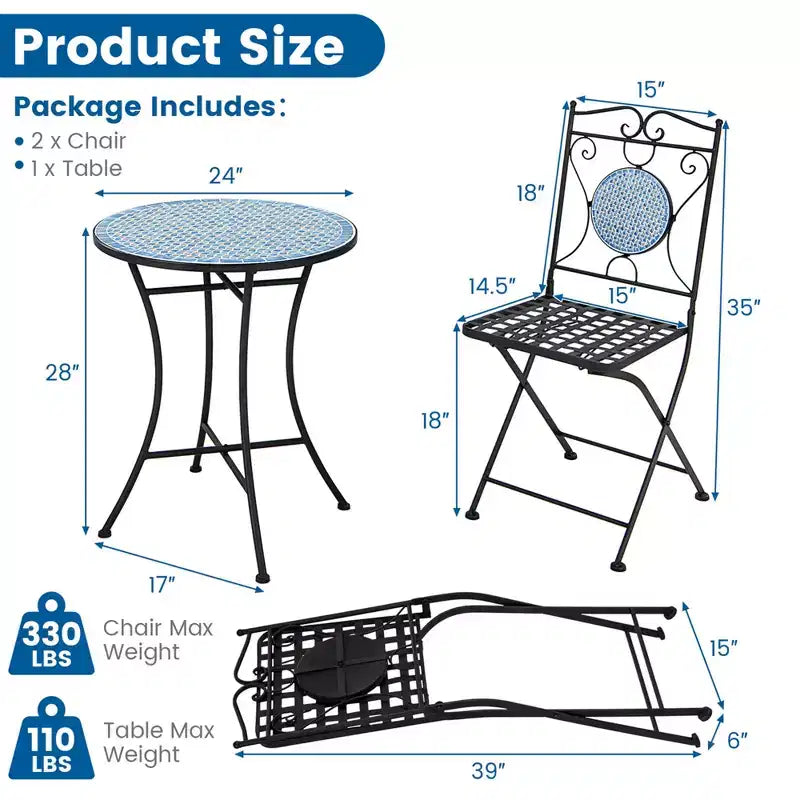 Costway 3pcs Patio Bistro Set Outdoor Furniture Mosaic Table Chairs All Weather Garden