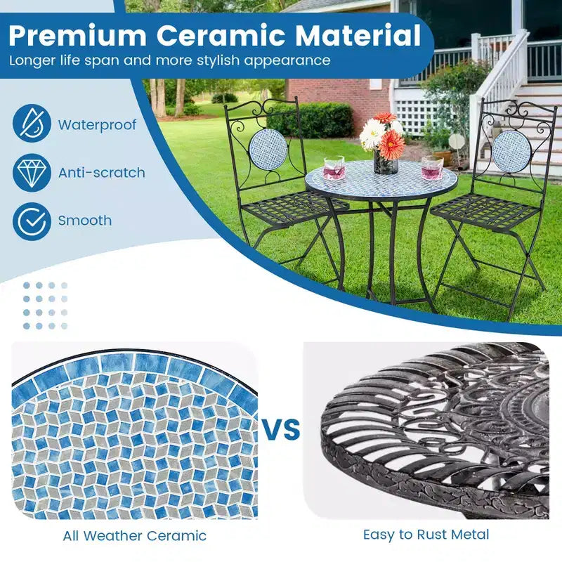 Costway 3pcs Patio Bistro Set Outdoor Furniture Mosaic Table Chairs All Weather Garden