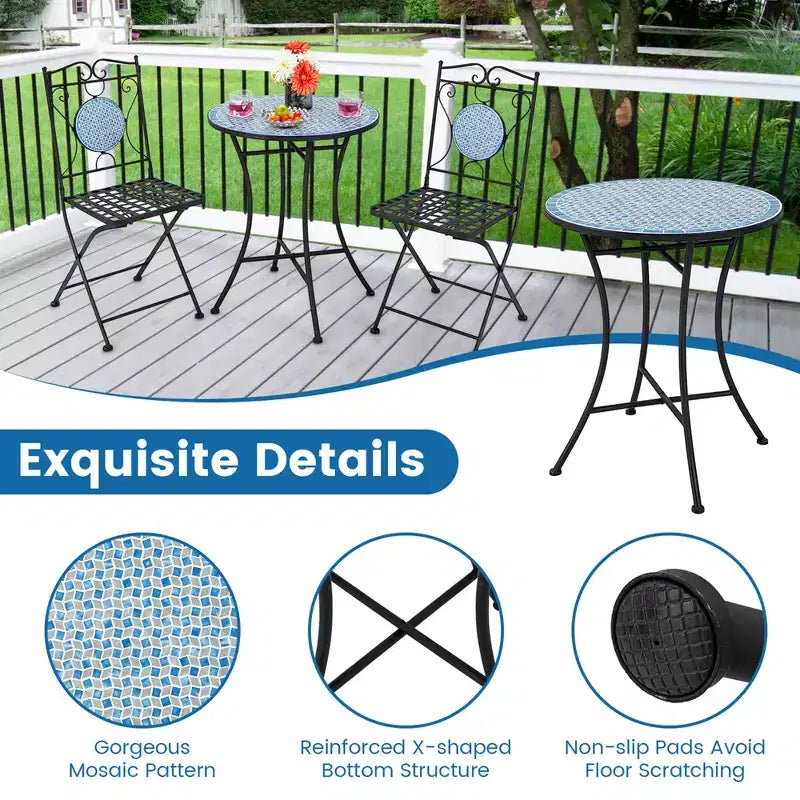 Costway 3pcs Patio Bistro Set Outdoor Furniture Mosaic Table Chairs All Weather Garden