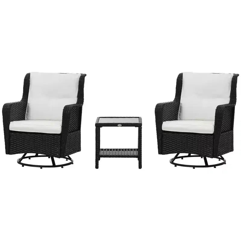 Outsunny 3-Piece Patio Bistro Set, PE Rattan Wicker Outdoor Furniture, Soft Cushions, 2 360 Swivel Rocking Chairs, 2-Tier Coffee Table
