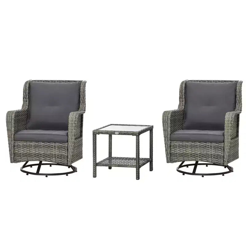 Outsunny 3-Piece Patio Bistro Set, PE Rattan Wicker Outdoor Furniture, Soft Cushions, 2 360 Swivel Rocking Chairs, 2-Tier Coffee Table