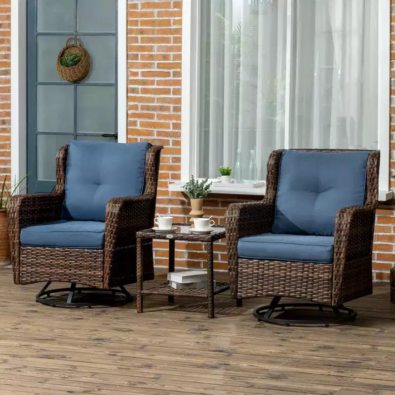 Outsunny 3-Piece Patio Bistro Set, PE Rattan Wicker Outdoor Furniture, Soft Cushions, 2 360 Swivel Rocking Chairs, 2-Tier Coffee Table