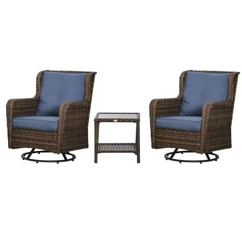 Outsunny 3-Piece Patio Bistro Set, PE Rattan Wicker Outdoor Furniture, Soft Cushions, 2 360 Swivel Rocking Chairs, 2-Tier Coffee Table