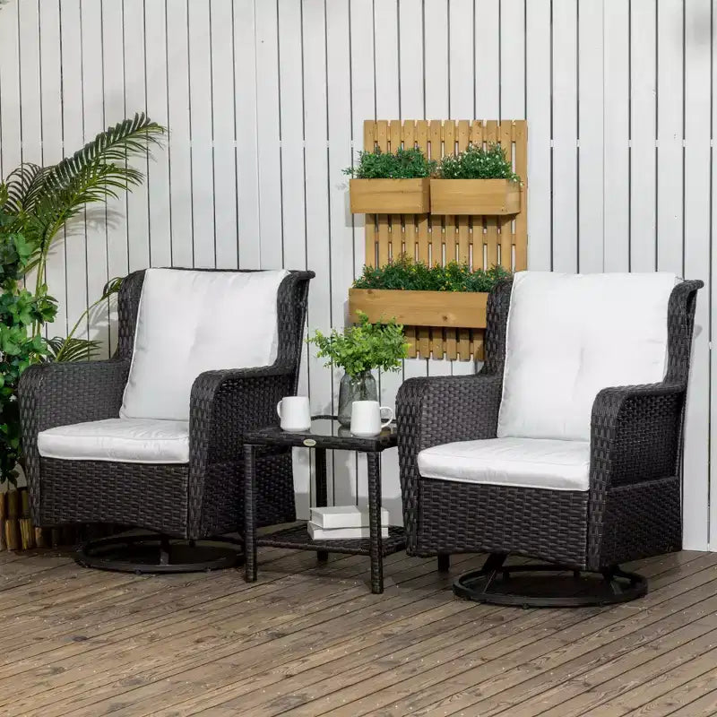 Outsunny 3-Piece Patio Bistro Set, PE Rattan Wicker Outdoor Furniture, Soft Cushions, 2 360 Swivel Rocking Chairs, 2-Tier Coffee Table