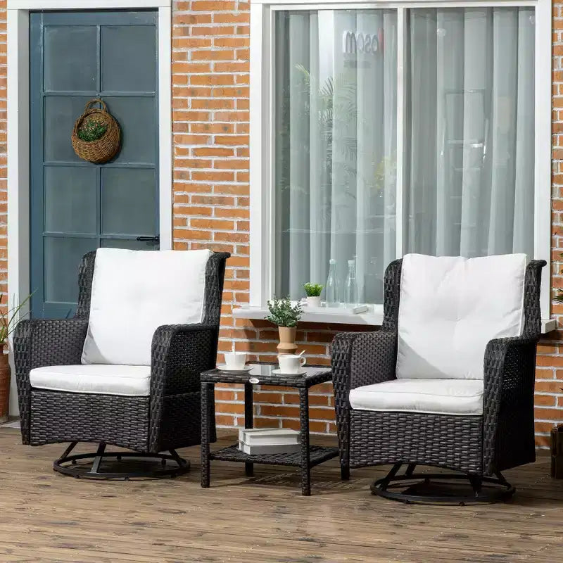 Outsunny 3-Piece Patio Bistro Set, PE Rattan Wicker Outdoor Furniture, Soft Cushions, 2 360 Swivel Rocking Chairs, 2-Tier Coffee Table