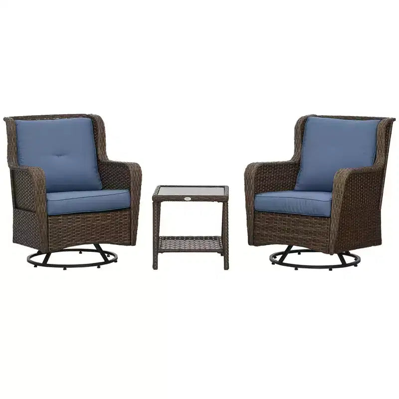 Outsunny 3-Piece Patio Bistro Set, PE Rattan Wicker Outdoor Furniture, Soft Cushions, 2 360 Swivel Rocking Chairs, 2-Tier Coffee Table