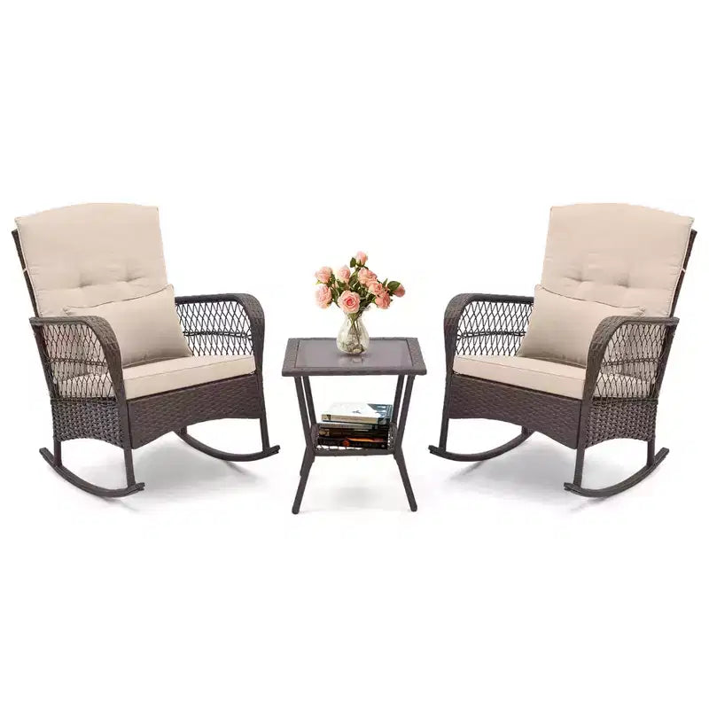 Costway Patio 3PCS Rocking Wicker Bistro Set 2 Rocker Chairs Tempered Glass Side Table