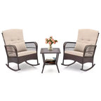 Costway Patio 3PCS Rocking Wicker Bistro Set 2 Rocker Chairs Tempered Glass Side Table