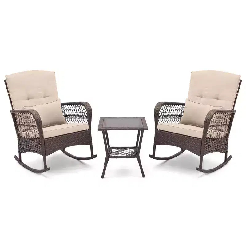 Costway Patio 3PCS Rocking Wicker Bistro Set 2 Rocker Chairs Tempered Glass Side Table