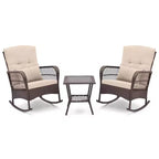 Costway Patio 3PCS Rocking Wicker Bistro Set 2 Rocker Chairs Tempered Glass Side Table
