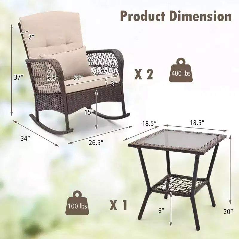 Costway Patio 3PCS Rocking Wicker Bistro Set 2 Rocker Chairs Tempered Glass Side Table