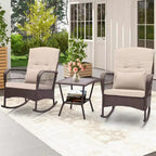 Costway Patio 3PCS Rocking Wicker Bistro Set 2 Rocker Chairs Tempered Glass Side Table