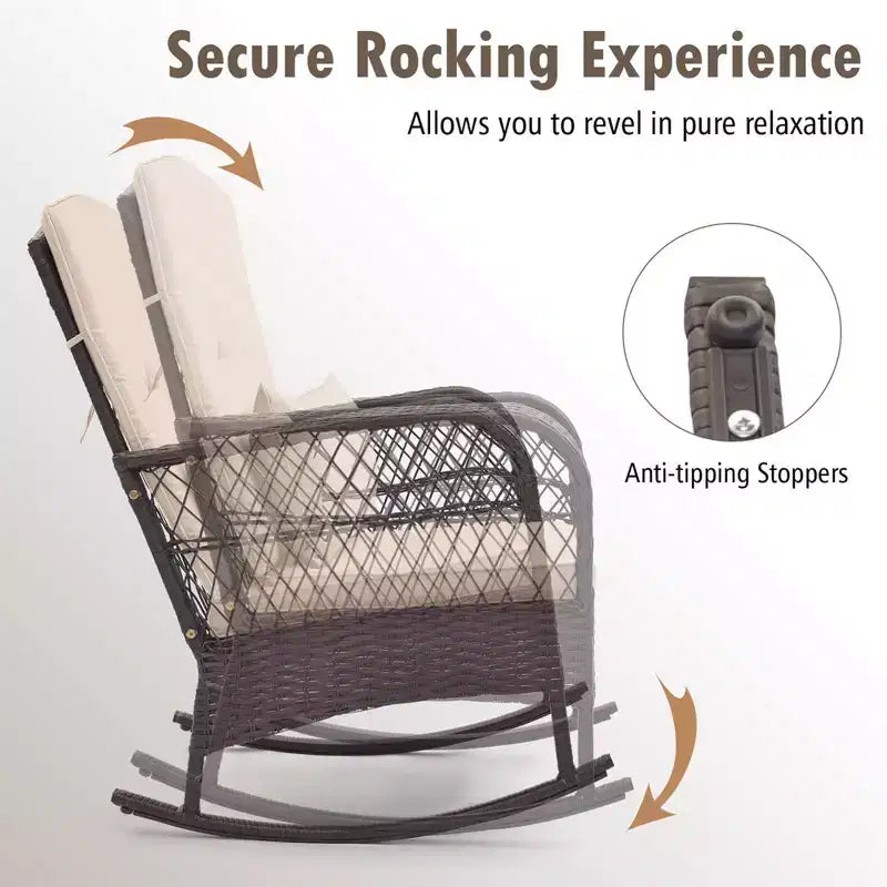 Costway Patio 3PCS Rocking Wicker Bistro Set 2 Rocker Chairs Tempered Glass Side Table