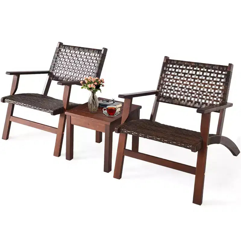 Costway 3PCS Patio Rattan Furniture Set Solid Eucalyptus Wood Frame Bistro Set with Coffee Table Patio Conversation Set (Brown)