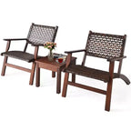 Costway 3PCS Patio Rattan Furniture Set Solid Eucalyptus Wood Frame Bistro Set with Coffee Table Patio Conversation Set (Brown)