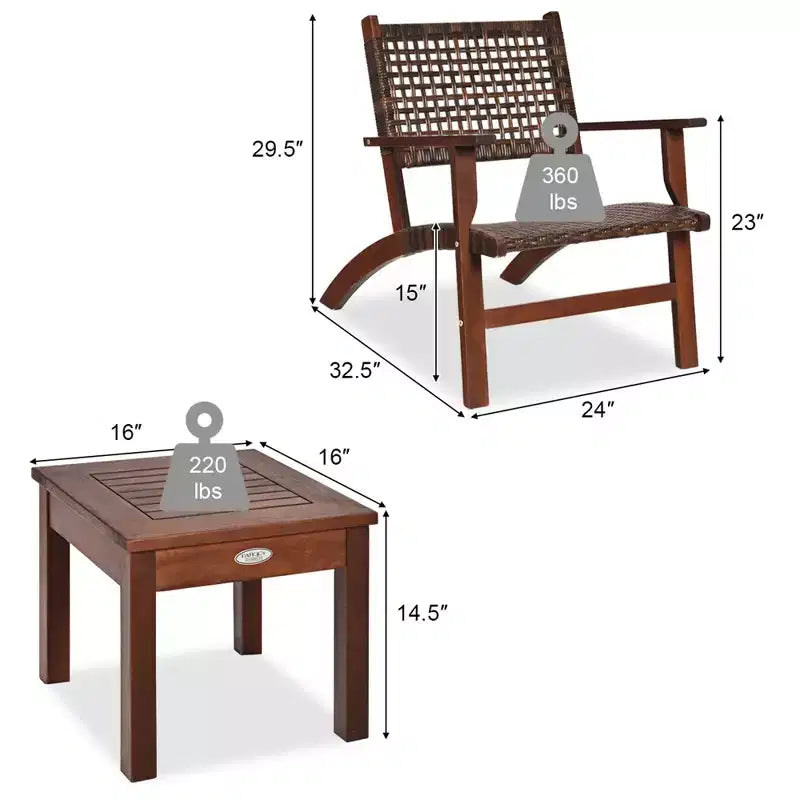 Costway 3PCS Patio Rattan Furniture Set Solid Eucalyptus Wood Frame Bistro Set with Coffee Table Patio Conversation Set (Brown)