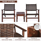 Costway 3PCS Patio Rattan Furniture Set Solid Eucalyptus Wood Frame Bistro Set with Coffee Table Patio Conversation Set (Brown)