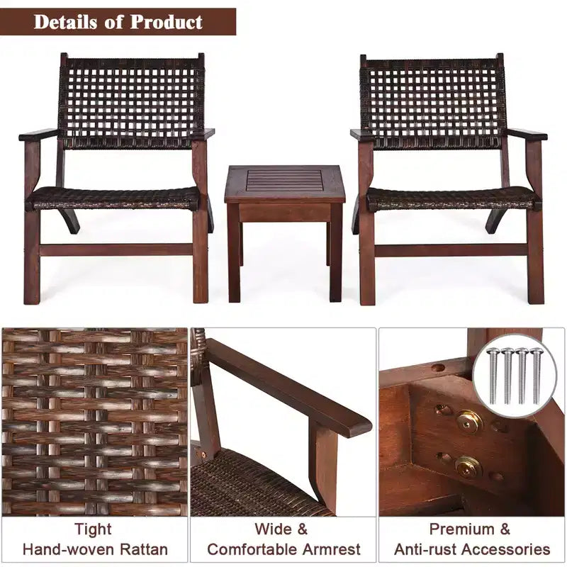 Costway 3PCS Patio Rattan Furniture Set Solid Eucalyptus Wood Frame Bistro Set with Coffee Table Patio Conversation Set (Brown)