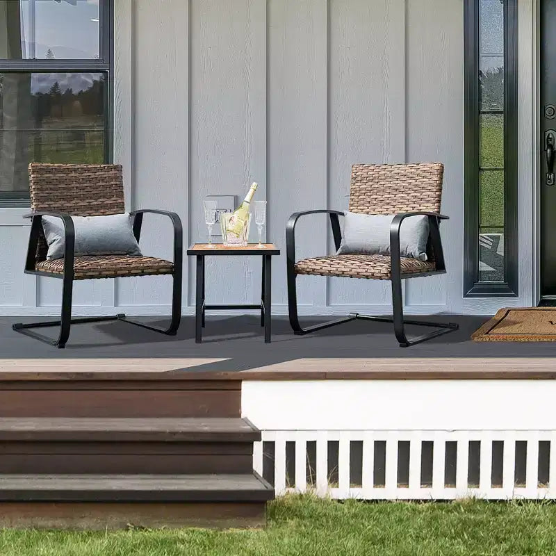 Costway 3 PCS Patio Rattan Furniture Bistro Set C-Spring Chair Padded Seat & Back Pillow Quick Dry