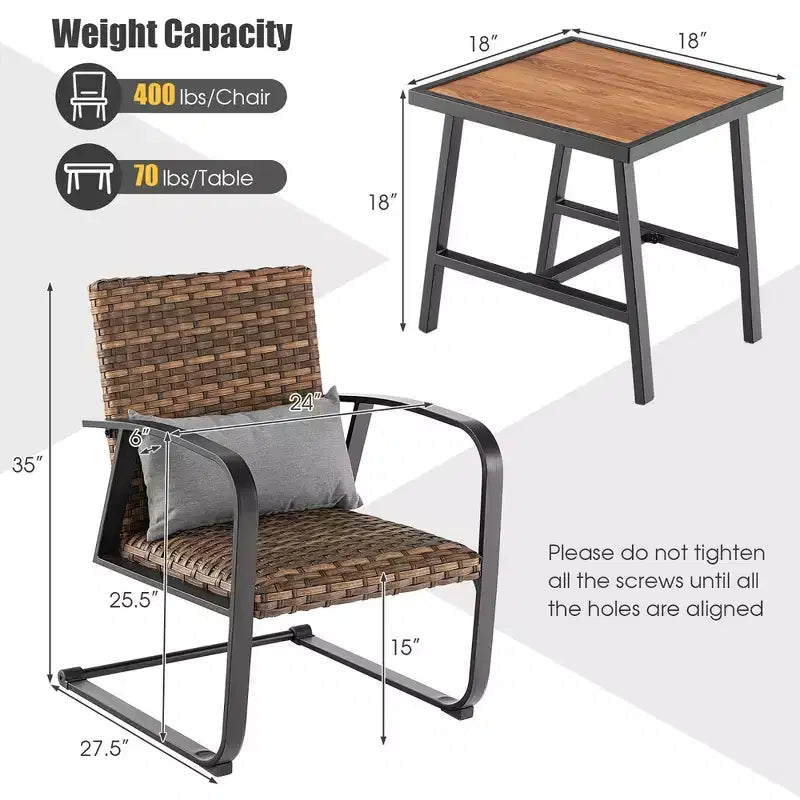 Costway 3 PCS Patio Rattan Furniture Bistro Set C-Spring Chair Padded Seat & Back Pillow Quick Dry