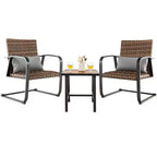 Costway 3 PCS Patio Rattan Furniture Bistro Set C-Spring Chair Padded Seat & Back Pillow Quick Dry