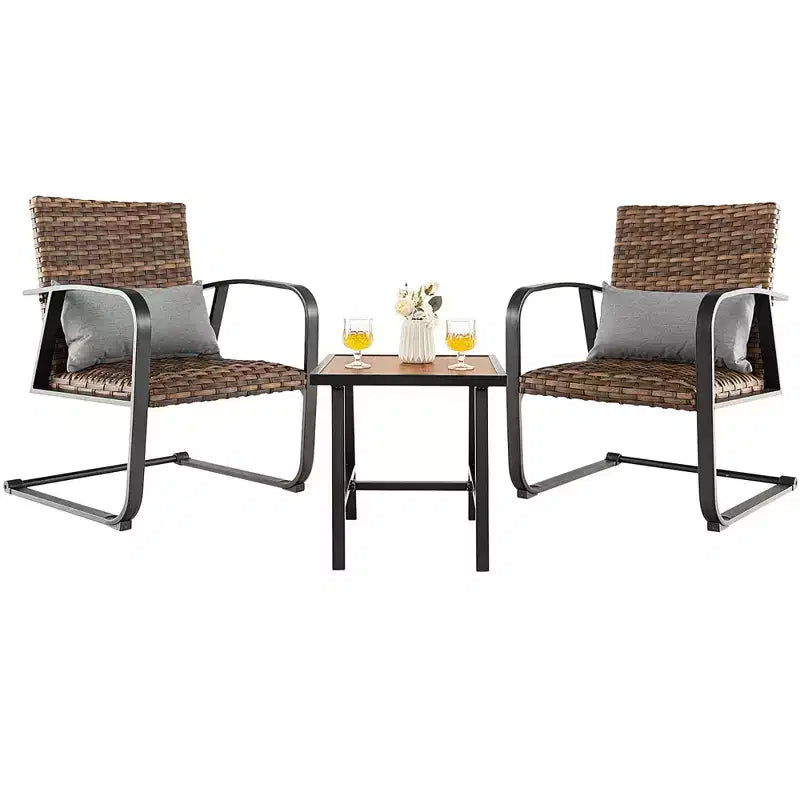 Costway 3 PCS Patio Rattan Furniture Bistro Set C-Spring Chair Padded Seat & Back Pillow Quick Dry