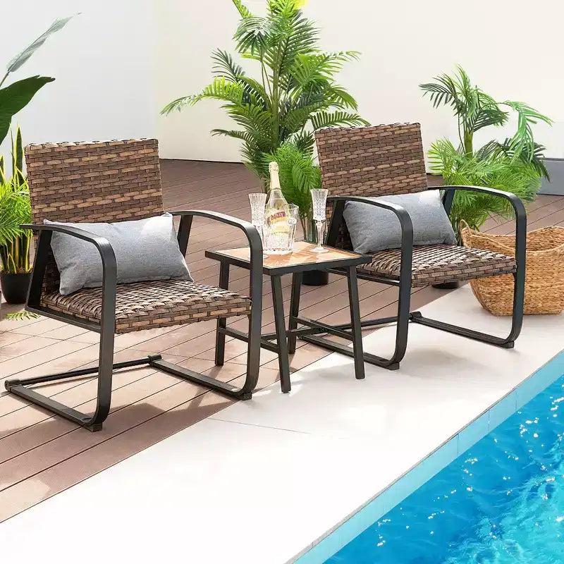 Costway 3 PCS Patio Rattan Furniture Bistro Set C-Spring Chair Padded Seat & Back Pillow Quick Dry
