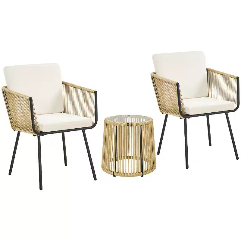 Yaheetech 3-Piece Outdoor Metal Frame Wicker Bistro Set w/ 2 Chairs and Tempered Glass Top Side Table, Tan
