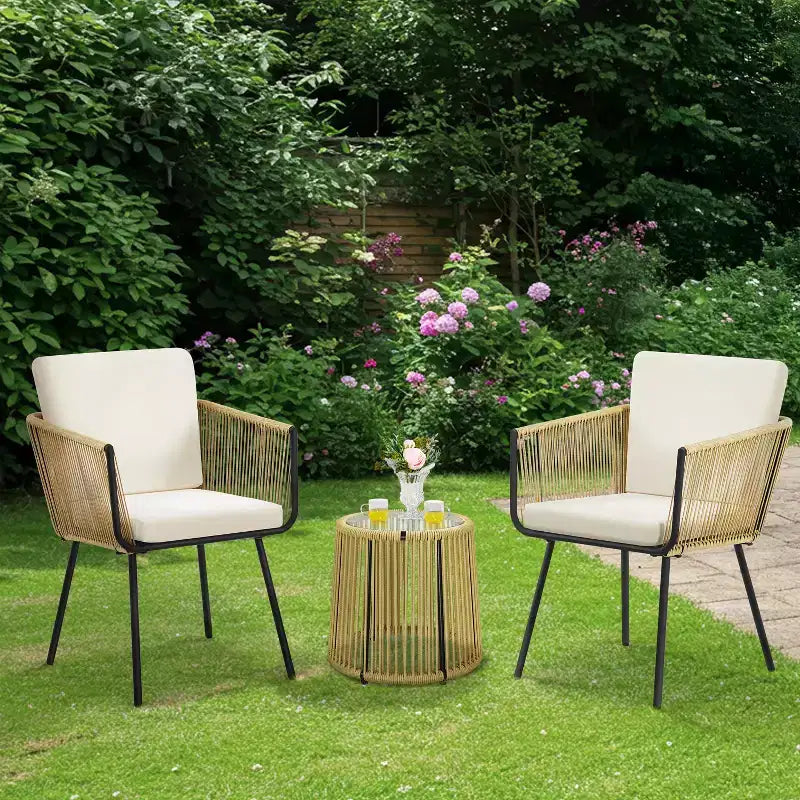 Yaheetech 3-Piece Outdoor Metal Frame Wicker Bistro Set w/ 2 Chairs and Tempered Glass Top Side Table, Tan