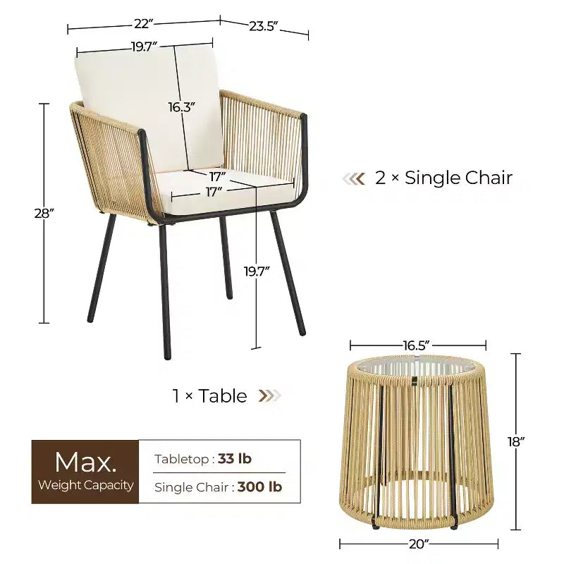 Yaheetech 3-Piece Outdoor Metal Frame Wicker Bistro Set w/ 2 Chairs and Tempered Glass Top Side Table, Tan