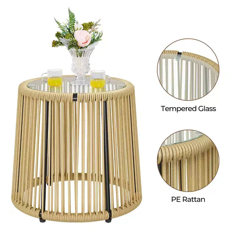 Yaheetech 3-Piece Outdoor Metal Frame Wicker Bistro Set w/ 2 Chairs and Tempered Glass Top Side Table, Tan