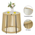Yaheetech 3-Piece Outdoor Metal Frame Wicker Bistro Set w/ 2 Chairs and Tempered Glass Top Side Table, Tan