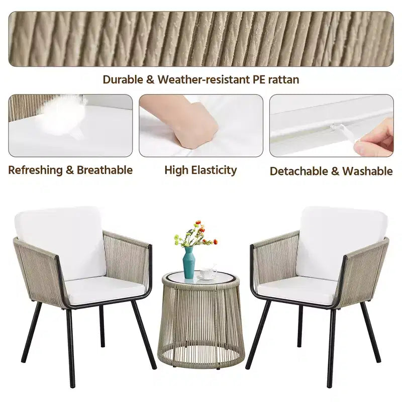 Yaheetech 3-Piece Outdoor Metal Frame Wicker Bistro Set w/ 2 Chairs and Tempered Glass Top Side Table, Tan