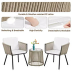 Yaheetech 3-Piece Outdoor Metal Frame Wicker Bistro Set w/ 2 Chairs and Tempered Glass Top Side Table, Tan