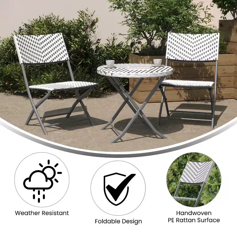 Flash Furniture Rouen Three Piece Folding Bistro Set in PE Rattan with Metal Frames for Indoor and Outdoor Use