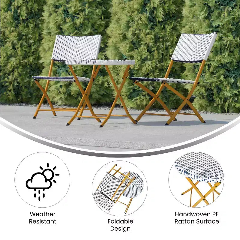 Flash Furniture Rouen Three Piece Folding Bistro Set in PE Rattan with Metal Frames for Indoor and Outdoor Use