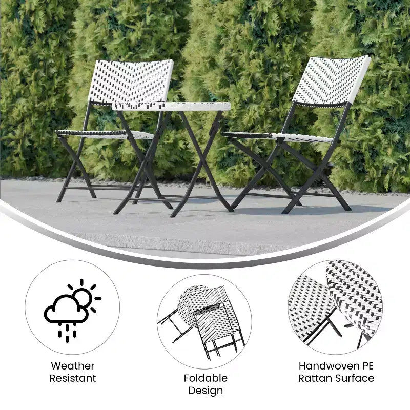 Flash Furniture Rouen Three Piece Folding Bistro Set in PE Rattan with Metal Frames for Indoor and Outdoor Use