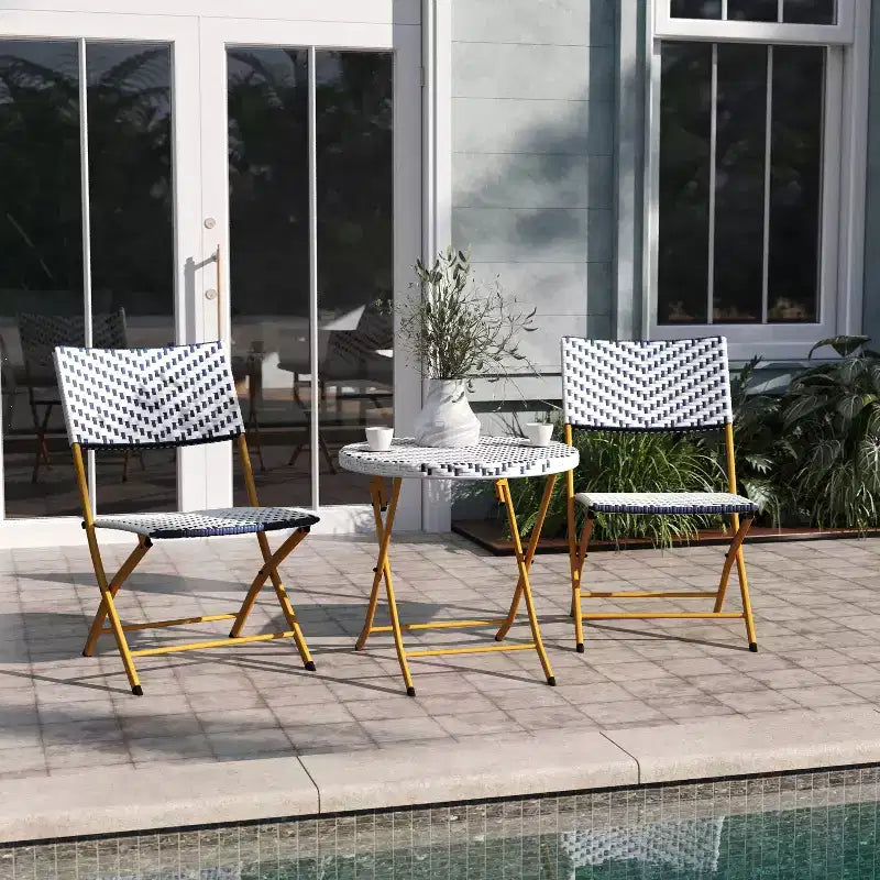 Emma & Oliver Ciel Three Piece Folding Bistro Set in PE Rattan with Metal Frames for Indoor and Outdoor Use
