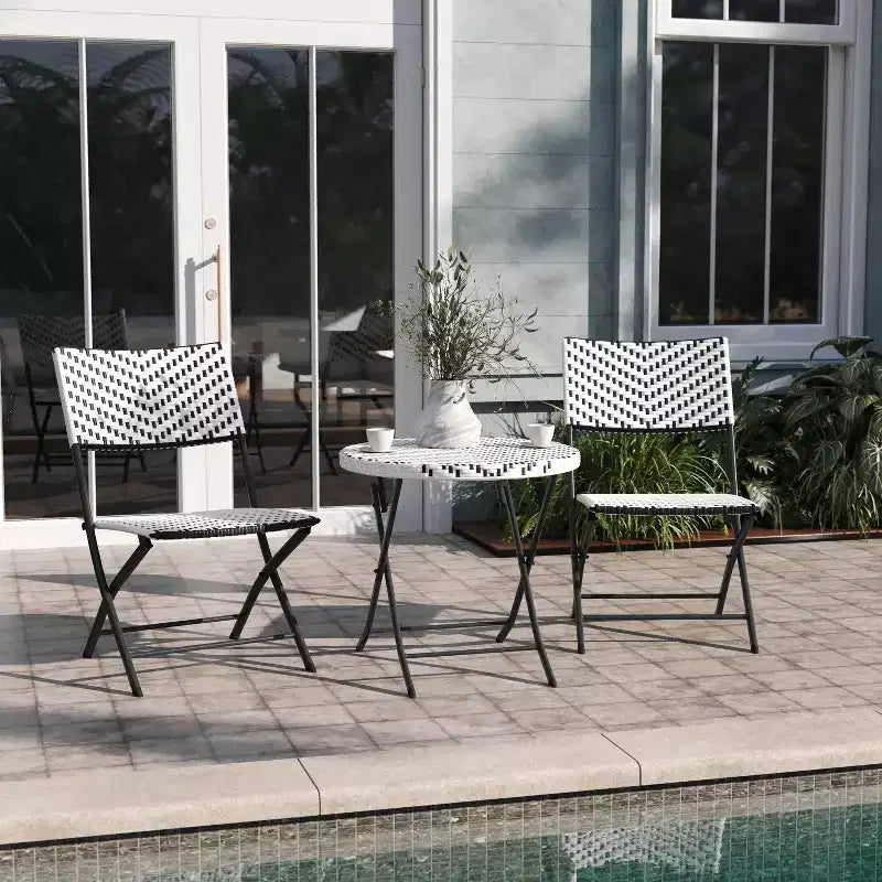 Emma & Oliver Ciel Three Piece Folding Bistro Set in PE Rattan with Metal Frames for Indoor and Outdoor Use