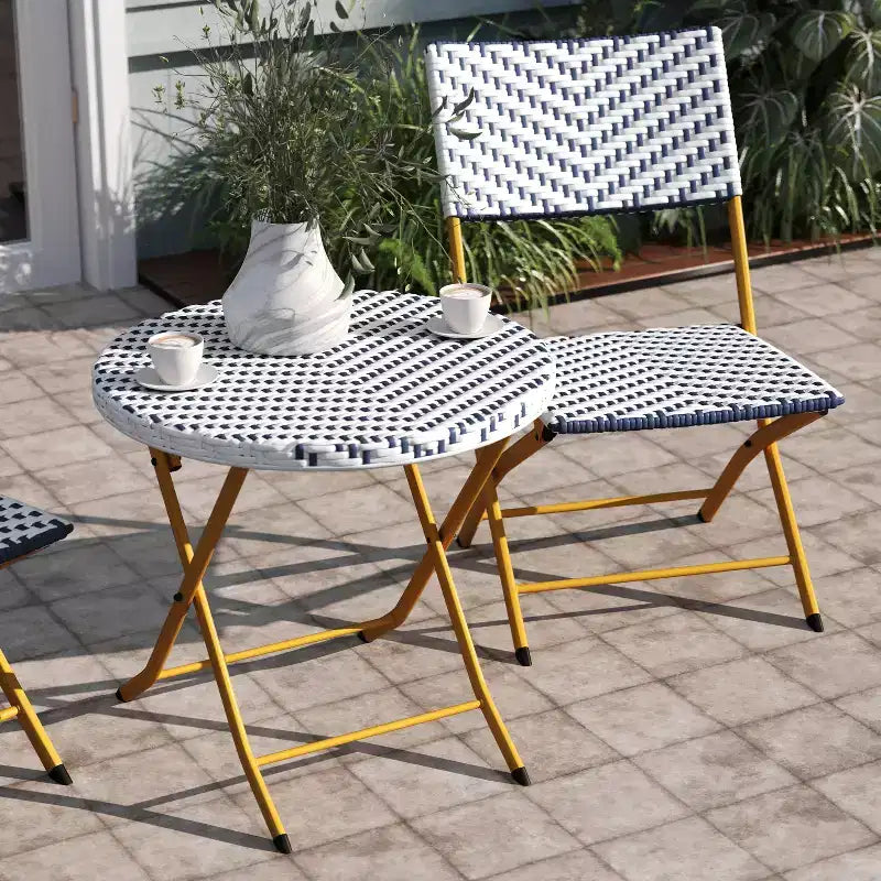 Emma & Oliver Ciel Three Piece Folding Bistro Set in PE Rattan with Metal Frames for Indoor and Outdoor Use