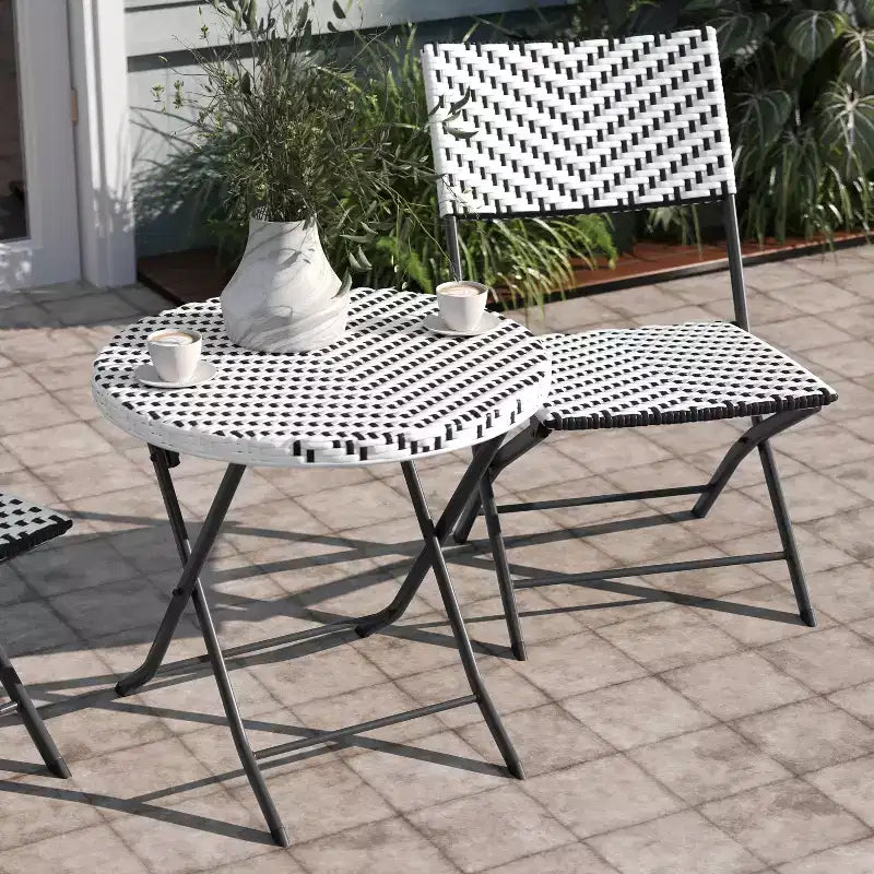 Emma & Oliver Ciel Three Piece Folding Bistro Set in PE Rattan with Metal Frames for Indoor and Outdoor Use