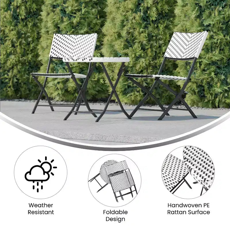 Emma & Oliver Ciel Three Piece Folding Bistro Set in PE Rattan with Metal Frames for Indoor and Outdoor Use
