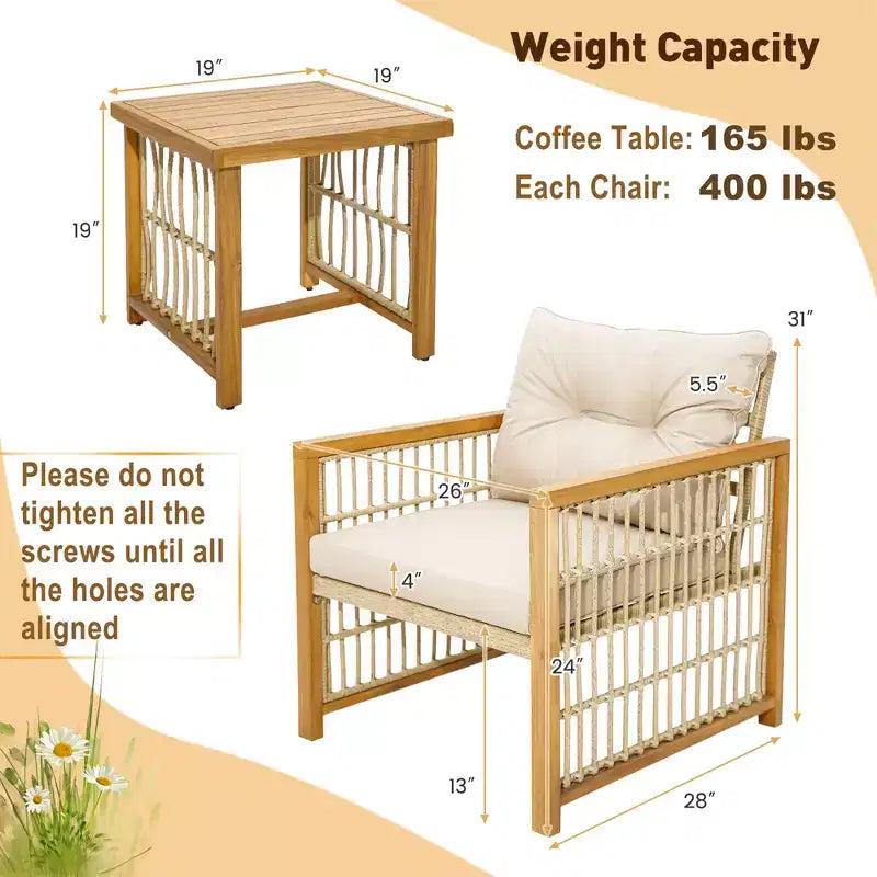 Costway 3PCS Patio PE Wicker Conversation Set Acacia Wood Frame withSeat & Back Cushions