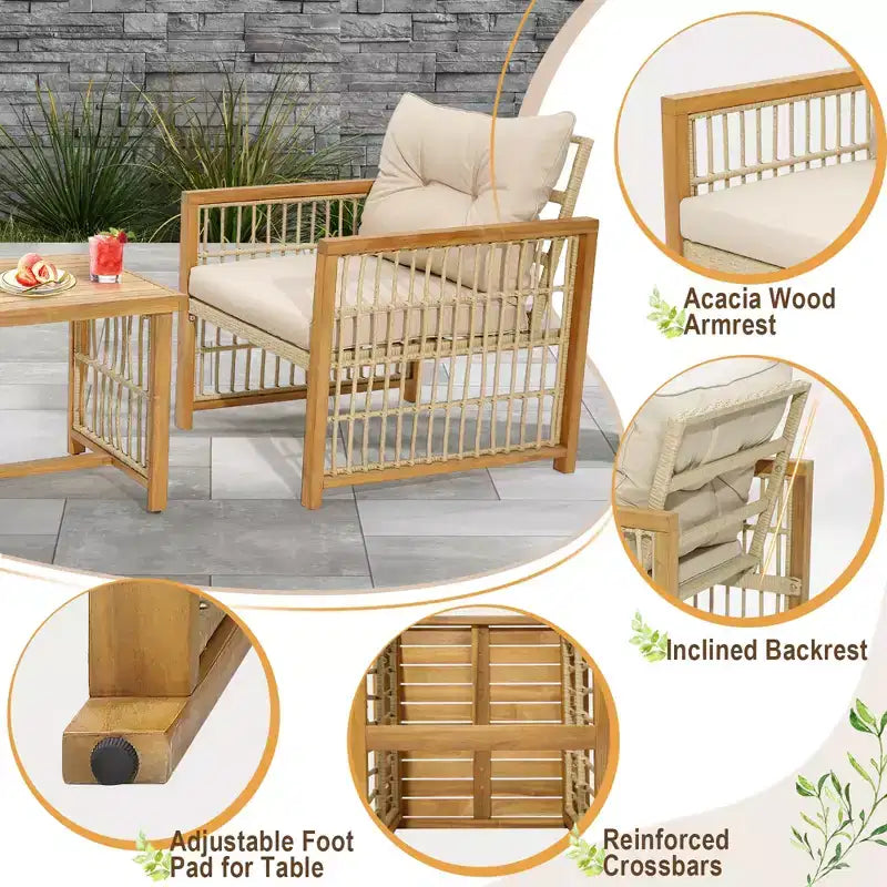 Costway 3PCS Patio PE Wicker Conversation Set Acacia Wood Frame withSeat & Back Cushions