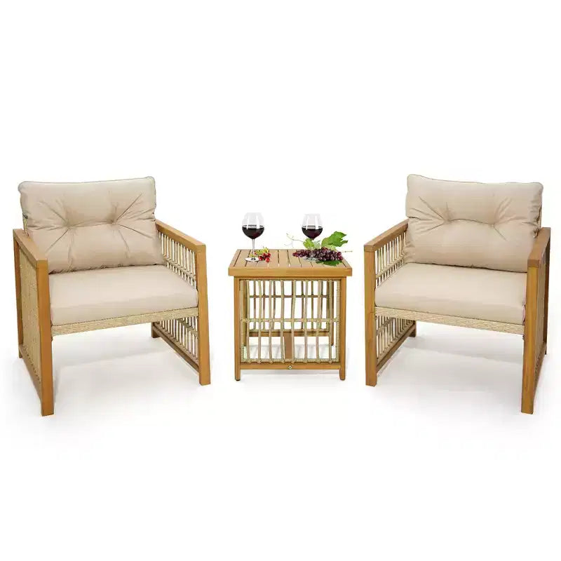 Costway 3PCS Patio PE Wicker Conversation Set Acacia Wood Frame withSeat & Back Cushions