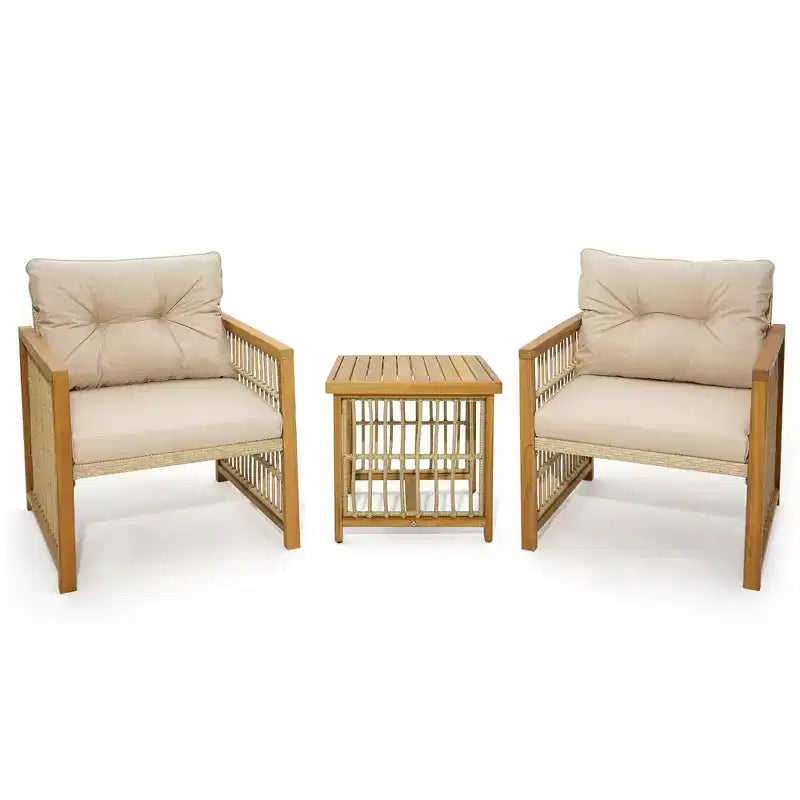 Costway 3PCS Patio PE Wicker Conversation Set Acacia Wood Frame withSeat & Back Cushions